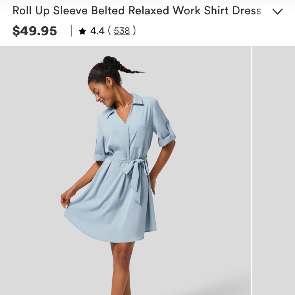 Halara roll sleeve dress with belt. Misted blue, new with tags, never worn!